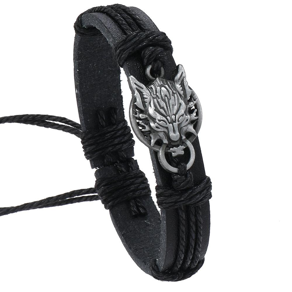 Retro Wolf Head Charm Bracelet for Men Handwoven Leather Adjustable Punk Style Bracelet Simple Jewelry Gift