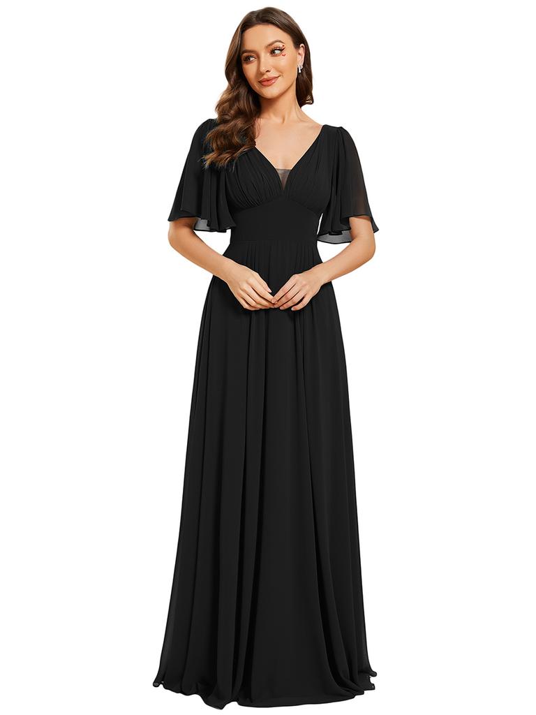 Ever-Pretty Women's Chiffon A-Line Empire Waist Floor Length V Neck Wedding Party Dress With Ruffles Sleeves