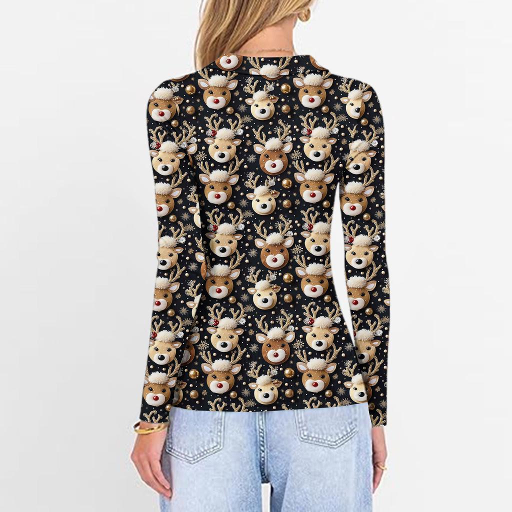 Damenmode Lässig Weihnachts-Print V-Ausschnitt Langarm Knopfleiste Oberteil