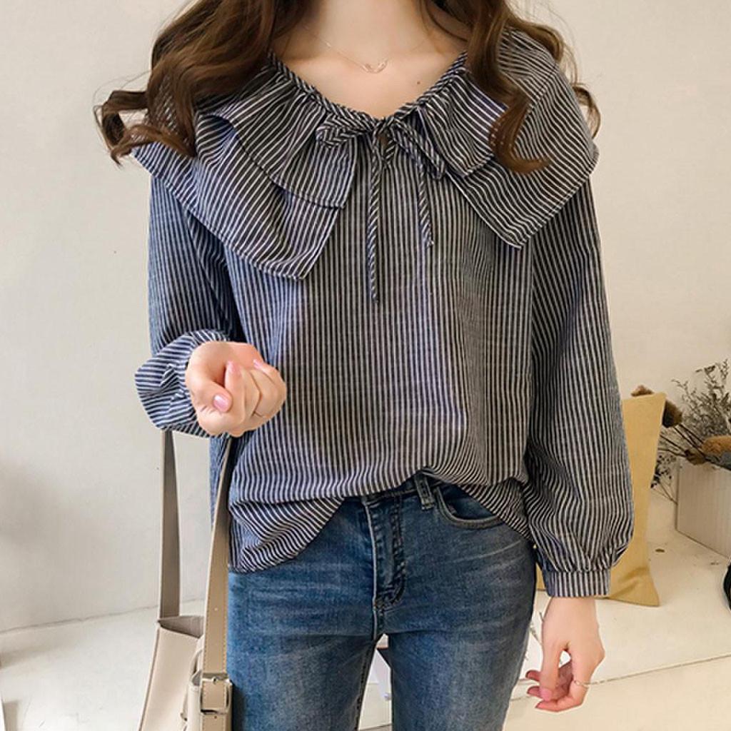 Fashion Women Casual  Striped Ladies Long  Sleeve Ruffles Loose Tops