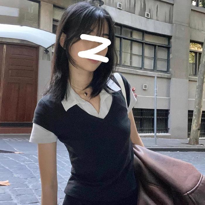 

Xinwang Женский летний универсальный топ с коротким рукавом, имитация двух частей, 260 г Medium чёрный