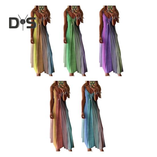 Women's Spaghetti Strap Gradient Long Dresses Summer Casual V Neck Flowy Maxi Dress Loose Beach Sundress