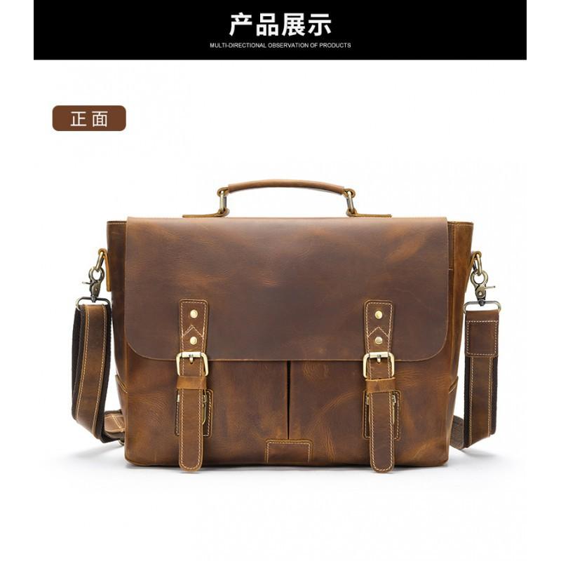 Crazy Horse Leather Business Briefcase High-end Minimalist Mailman Bag Genuine Retro Laptop