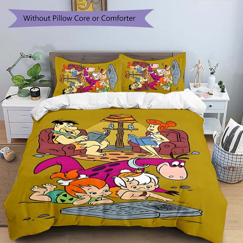 Flintstones 3pcs Bedding Set Duvet Cover Closure Includes 1 Duvet Cover & 2 Pillowcases for All Seasons Bedroom Home Dorm Decor