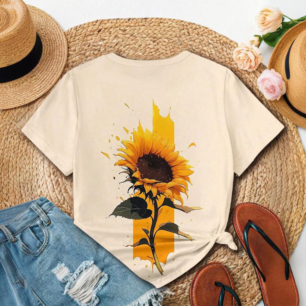 Summer Round Neck 3D Sunshine Print Top Vitality Wind Fashionable Casual Short Sleeved Women's T-shirts