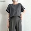 Women Casual Round Neck Loose Summer Short Sleeve Blouse