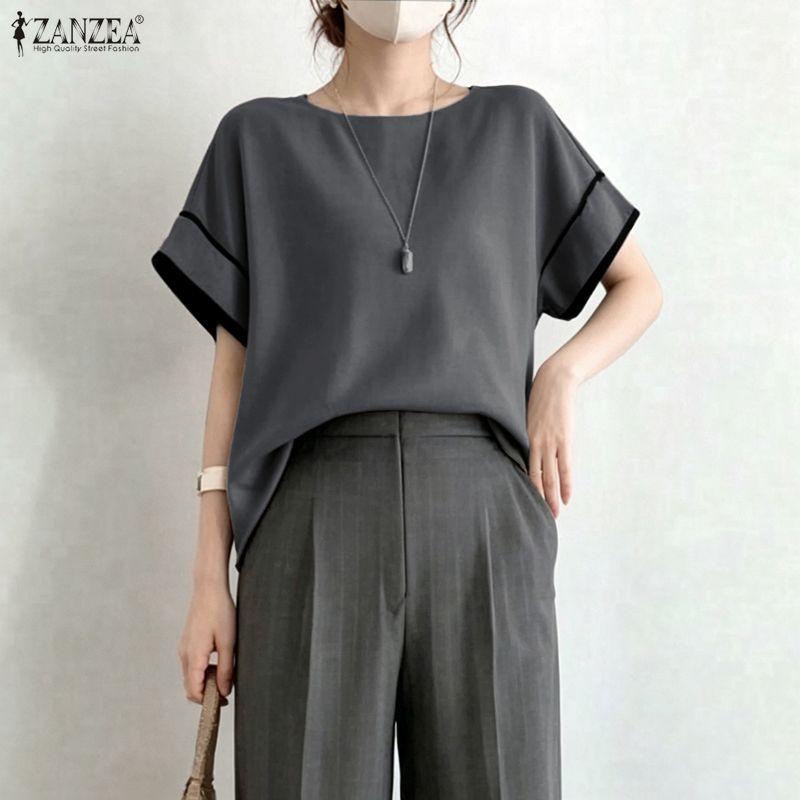 ZANZEA Women Casual Round Neck Loose Summer Short Sleeve Blouse
