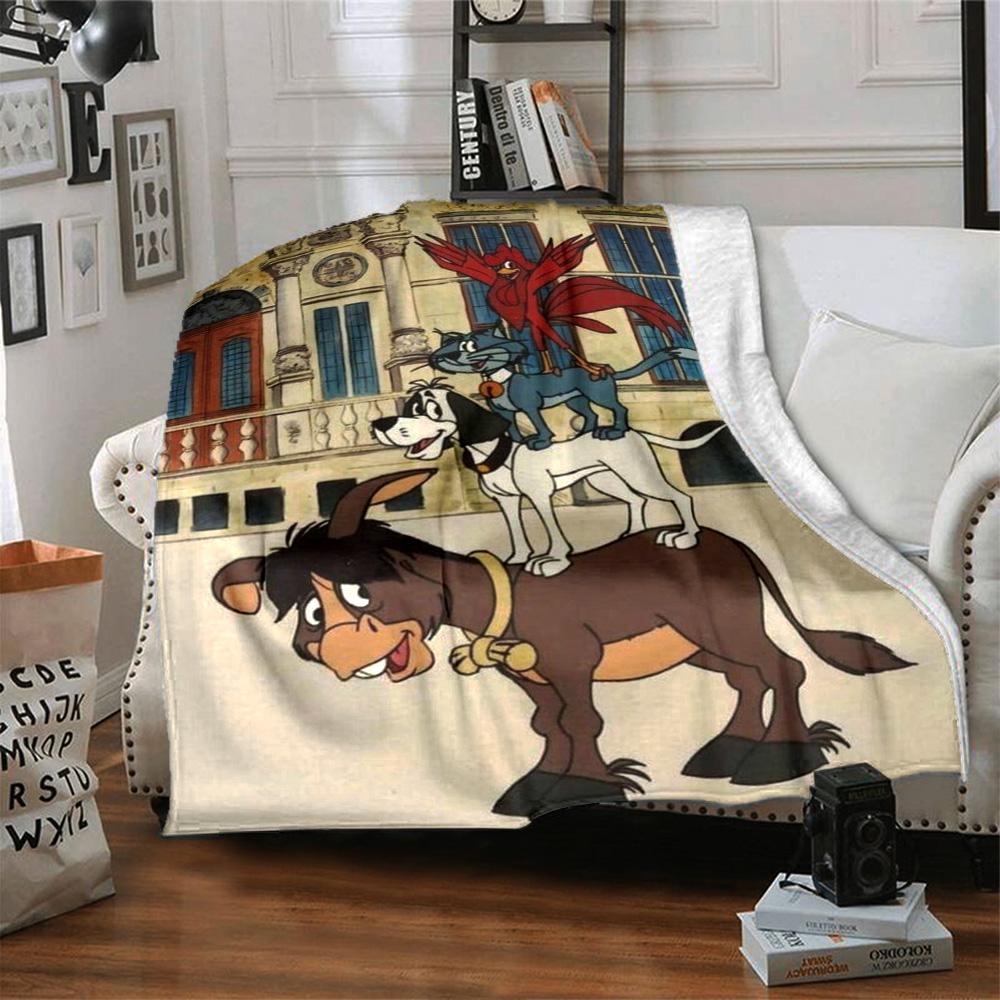 Vintage Cartoon Donkey Dog Cat Rooster Print Flannel Blanket Classic Fairy Tale Character Soft Throw Blanket Kids Bedroom Decor