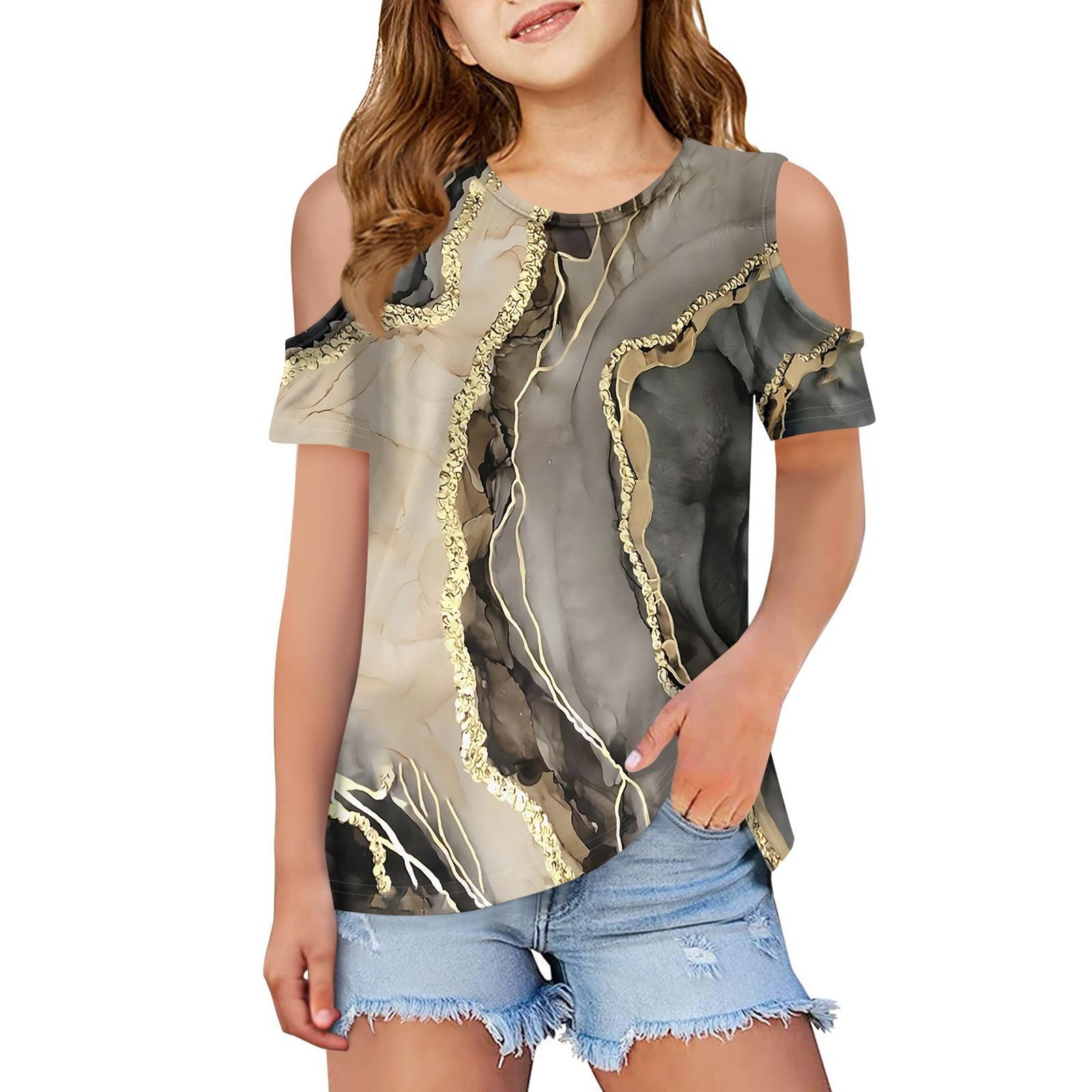 

Летняя детская футболка с открытыми плечами и воротником с цветочным принтом 140 хаки