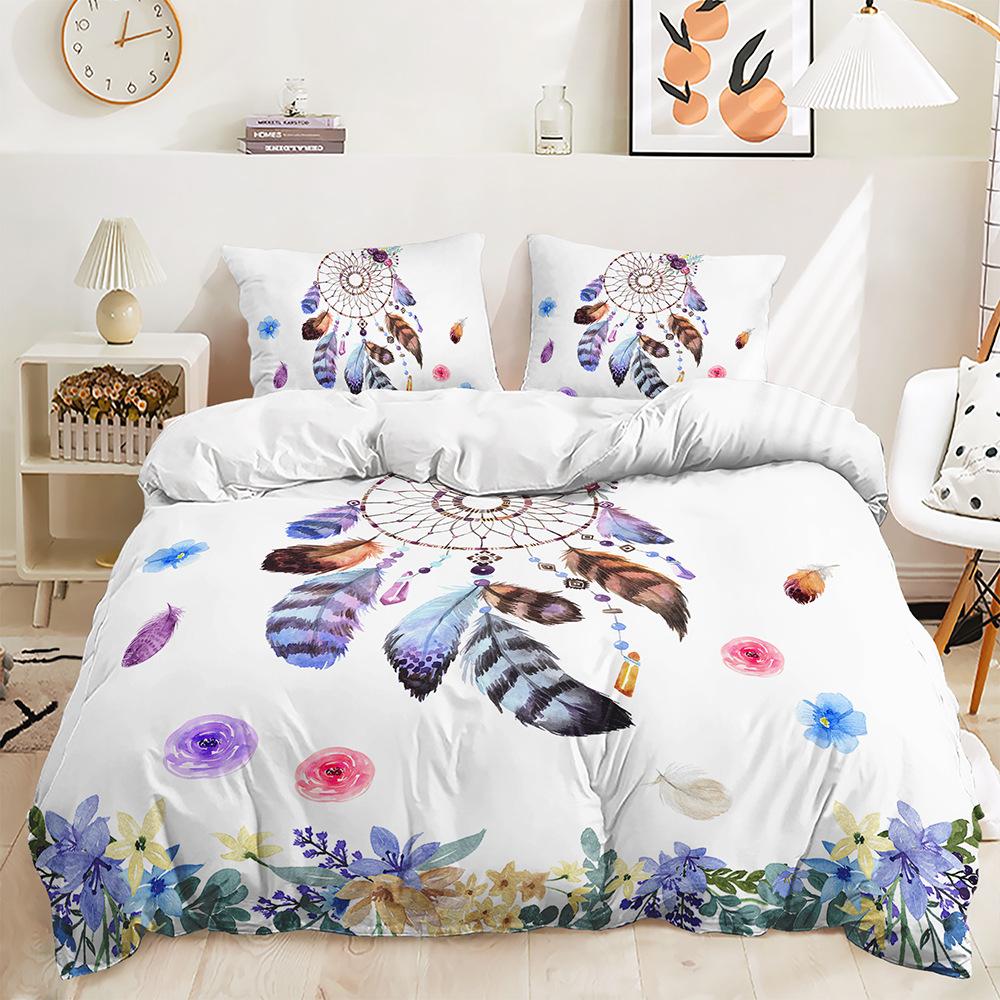 Three-Piece 3D Quilt Cover Dream Catcher Feather Dark Kit Bedding