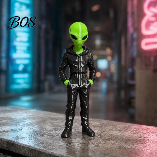 Sci-Fi Street Style Dekoration Alien mit Kapuzenpullover Statue, 3D-gedruckte grüne Figur, Sammlerfigur Skulptur, Sci-Fi Schreibtischdekoration