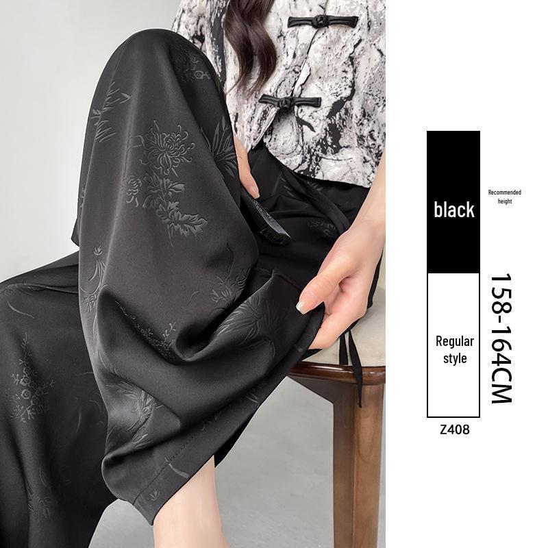 

Spring 2025 New Chinese Jacquard Satin Wide-Leg Ice Silk Pants – Women s Popular Casual Style M [45-50 kg]