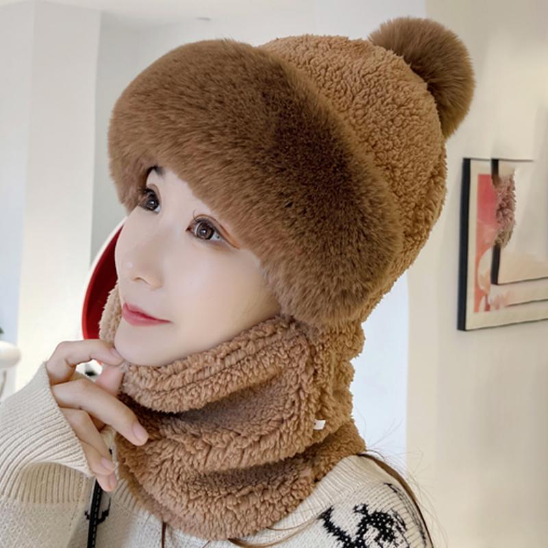 Inverno Protezione Integrata per le Orecchie Cappello Antivento Cappello Baotou Sciarpa Maschera Pompon di Pelliccia Più Velluto Cappello Caldo da Ciclismo per Donna