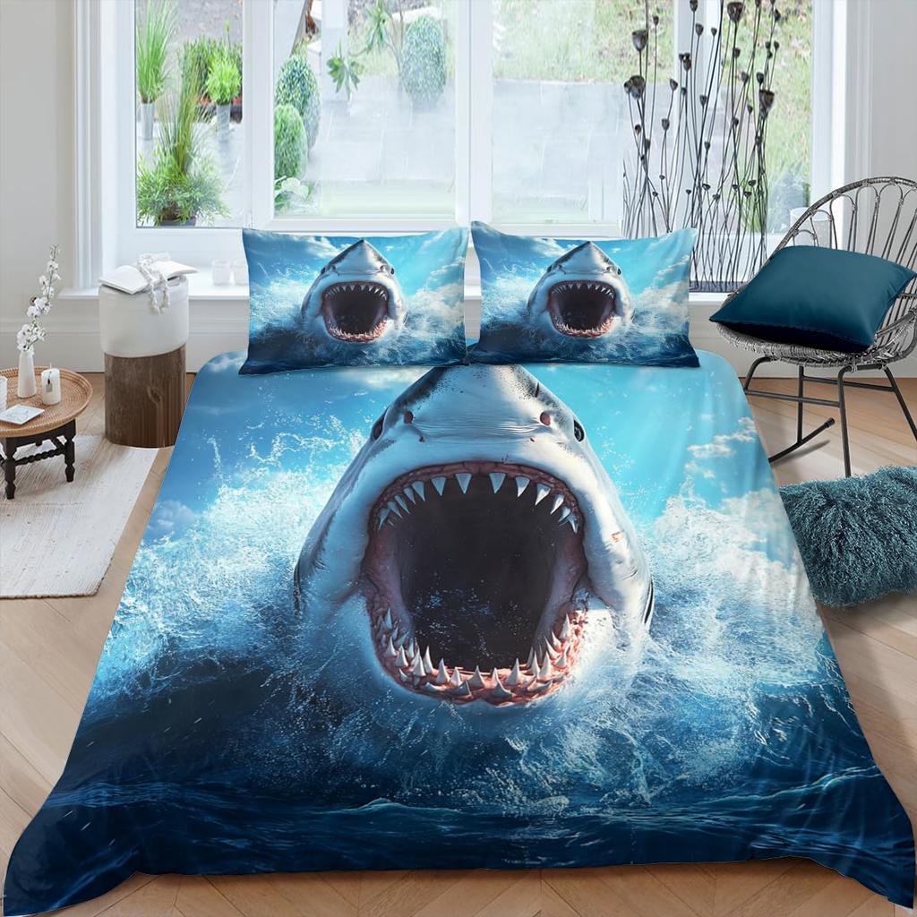 Shark Duvet Cover Queen, 3D Shark Comforter Cover for Kids Boys Girls Teens, Ocean Wave Bed Set, Ocean Life Bedding Set