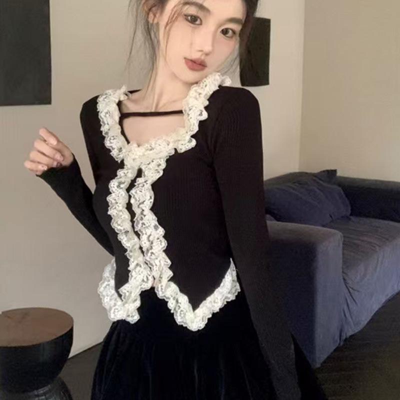 

Spicy Lace-T Rimmed Long-Sleeve Top: Sweet, Slim-Fit for Spring & Autumn XL чорний