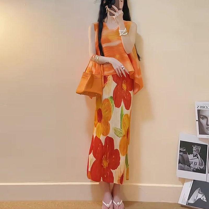 New Spring/Summer Small Tall Pink Gradient Sleeveless Top Printed Half Skirt Set