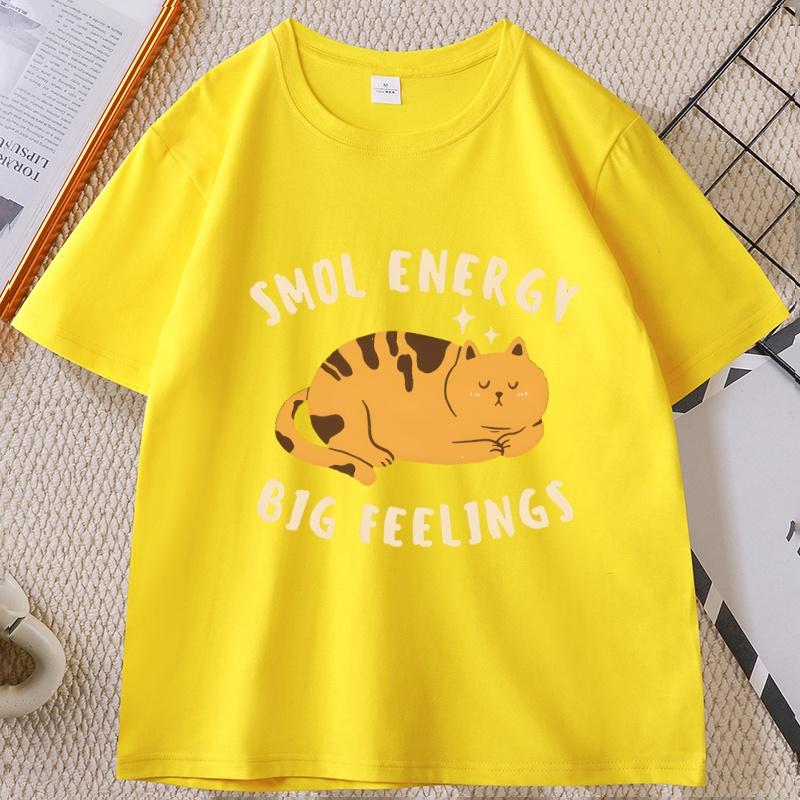 Smol Energy Big Feelings Cat Tshirts Casual Cotton Short Sleeve Round Neck Tshirt Unisex WOMEN Summer Comfortable Clothes Tops