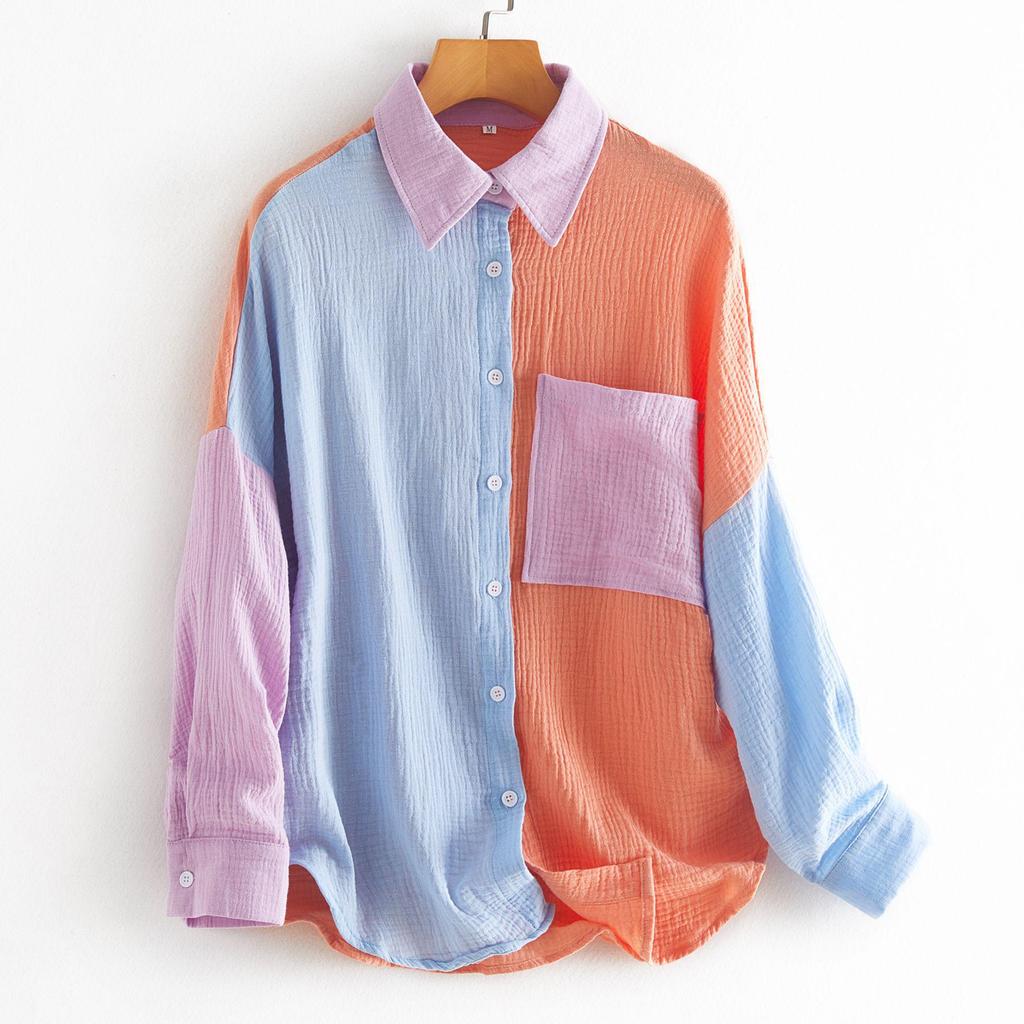 European & American Style Women's Color Block Patchwork Drop Shoulder Long Sleeve Shirt