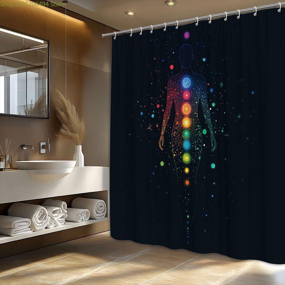 1pc Chakra Silhouette Shower Curtain - Abstract Spiritual Design with Multicolored Chakra Dots & Starry Cosmic Energy Theme, 1