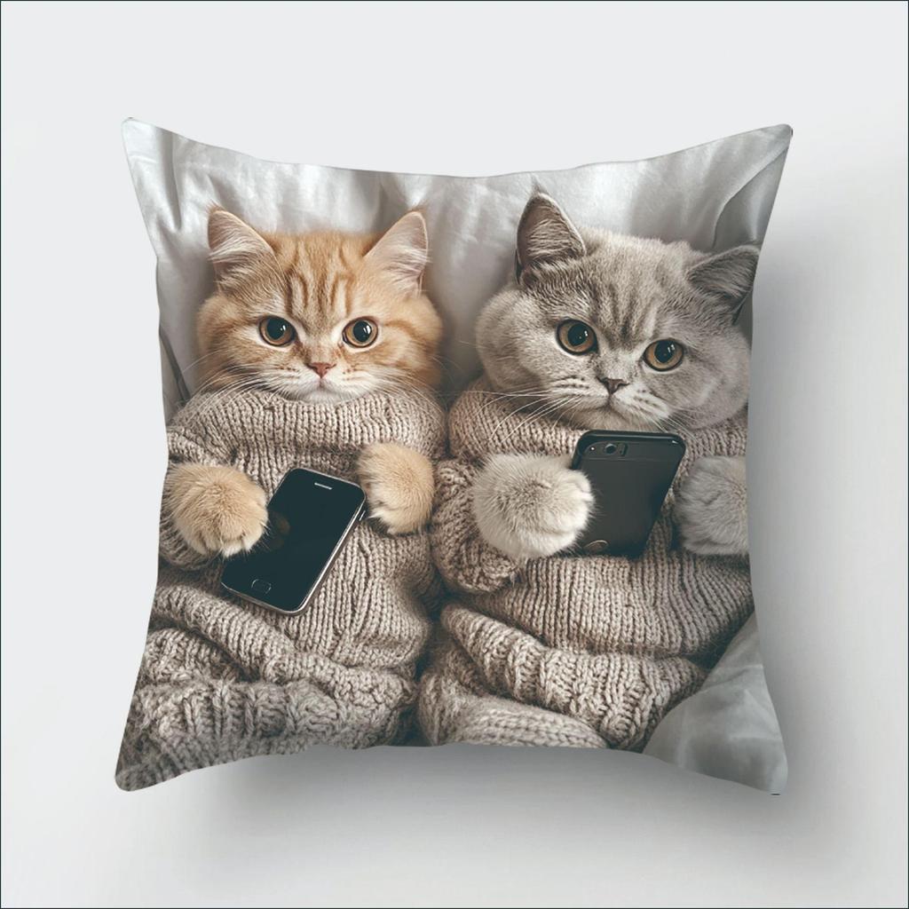 Vibrant Bohemian Style Short Plush Pillow Cover 45x45cm Charming Kitten Living Room Bedroom Decor (Pillow Insert Not Included)