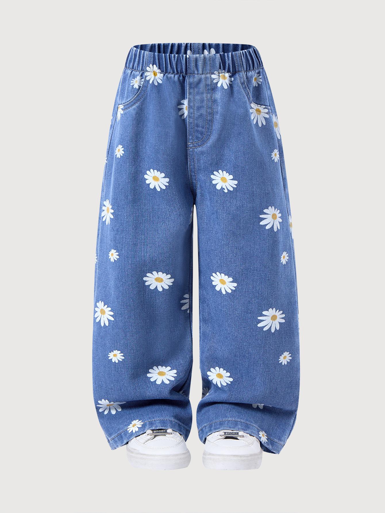 

Cute and trendy daisy print straight-leg casual washed denim jeans for toddlers, perfect for spring and summer. 7Y