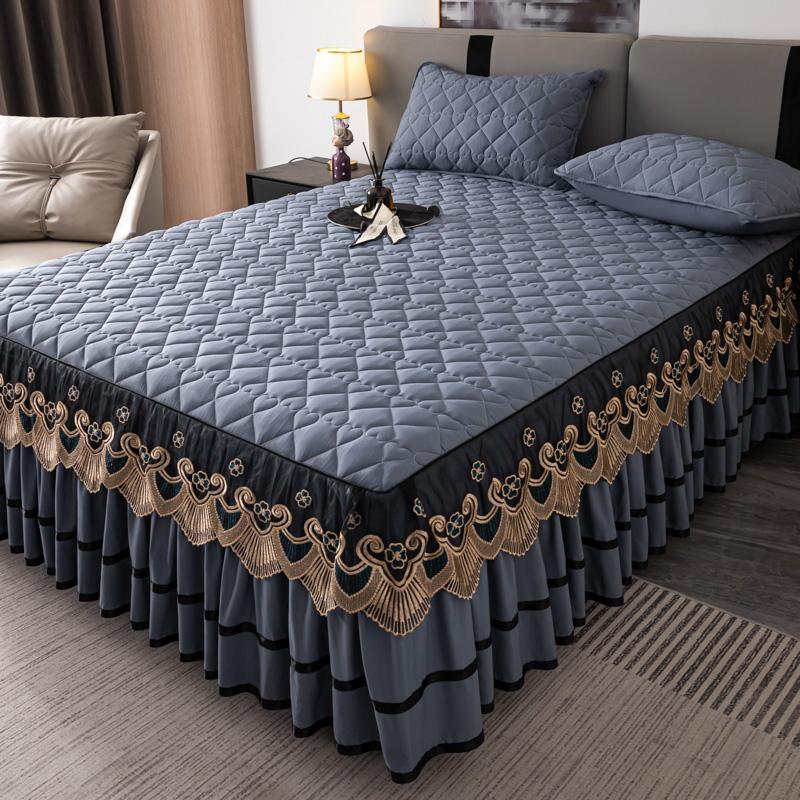 1pc Lace Bed Skirt Solid Color Mattress Cover Quilted Bedspread tagesdecke Ruffles Bed Covers with Elastic Band (No Pillowcase)