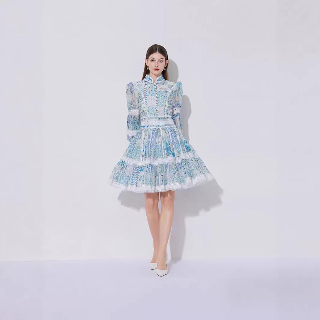 New French Elegant Lace Waist Lantern Sleeve Dress