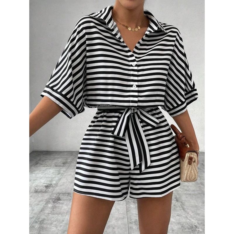Striped Lapel Mid Sleeved Jumpsuit Shorts Stripes Lapel Mid-Sleeve Jumpsuit
