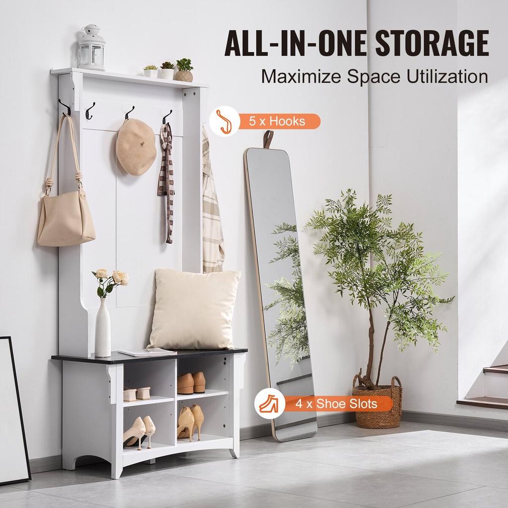 Hall Tree Wooden Hall Tree with Bench 5 Hooks for Entryway & Hallway