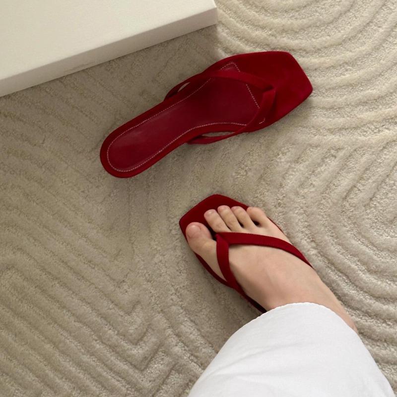 Sheepskin~ Za New Red Leather Cat and Flip-flops for Women In Summer, Wearing Slippers with High Heels and Cool Slippers.