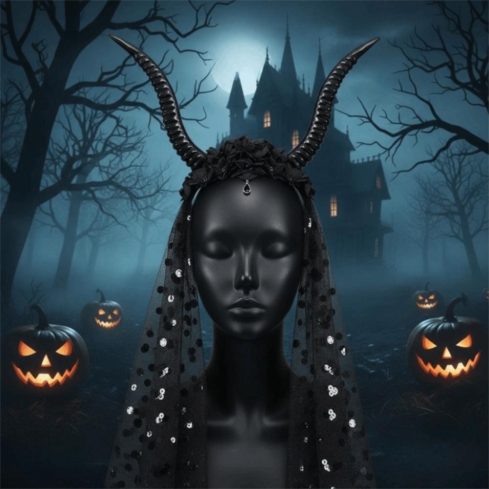 Black Halloween Devil Headwear with Veil Sheep Horn Headband Adults