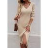 Women Slim V-neck Slit Sweater Dress