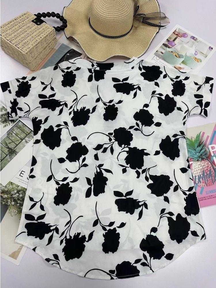 Women's Fashion Oversized White 3D Flower Print T-Shirt Summer Blouse Tee Female Tops Clothing