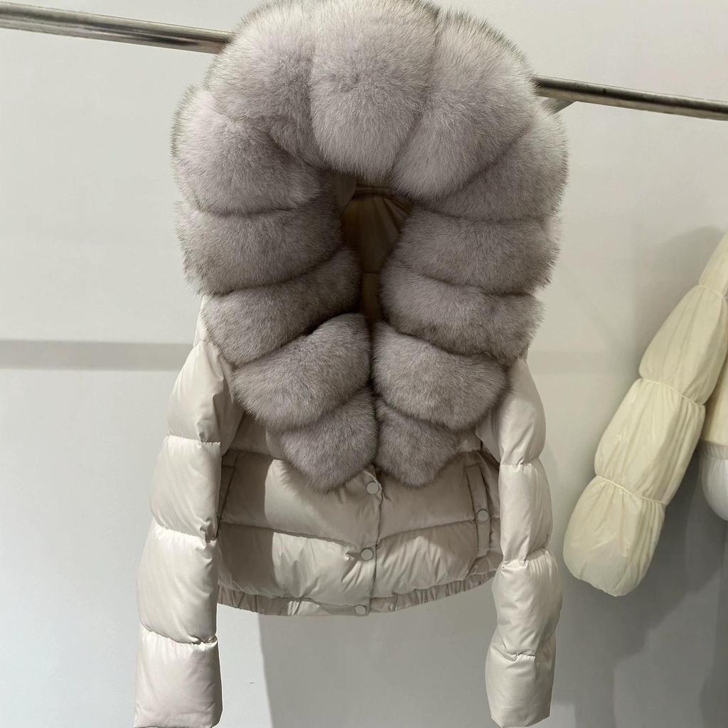 Women's Luxury Down Jacket with Real Fox Fur Hood and Thick Collar - Short Winter Outerwear