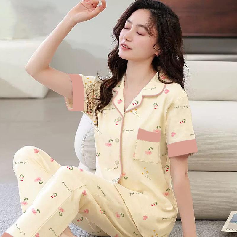 Imitation cotton pajamas women's summer new short-sleeved trousers simple flower mother loungewear large size set
