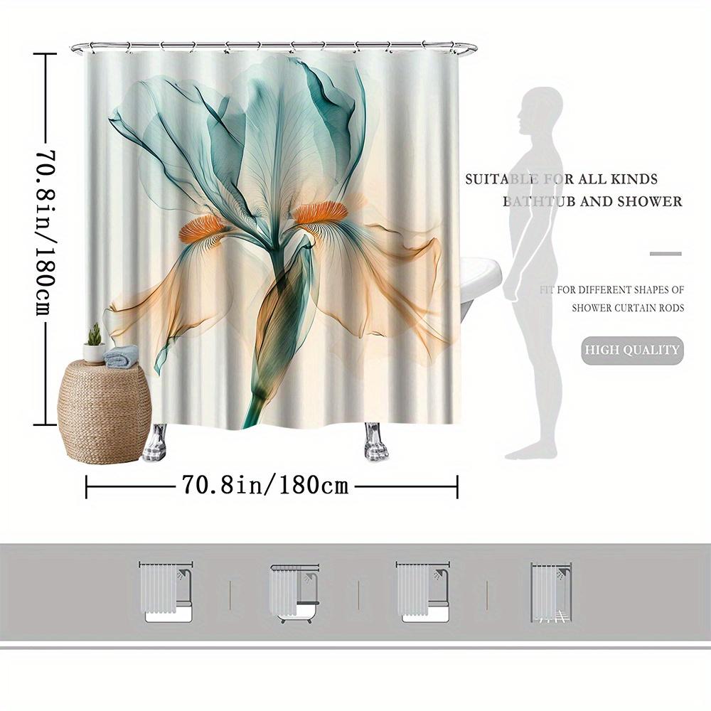 Elegant Iris Flower Shower Curtain, Light Blue & Orange Design, Fade-Resistant Polyester,Bath Decor