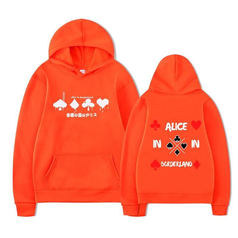 Alice in Borderland Hoodie – Unisex Black Double Sided Fleece Sweatshirt, Playing Card Suits & Japanese Kanji Drip Print, AIB Anime Streetwear