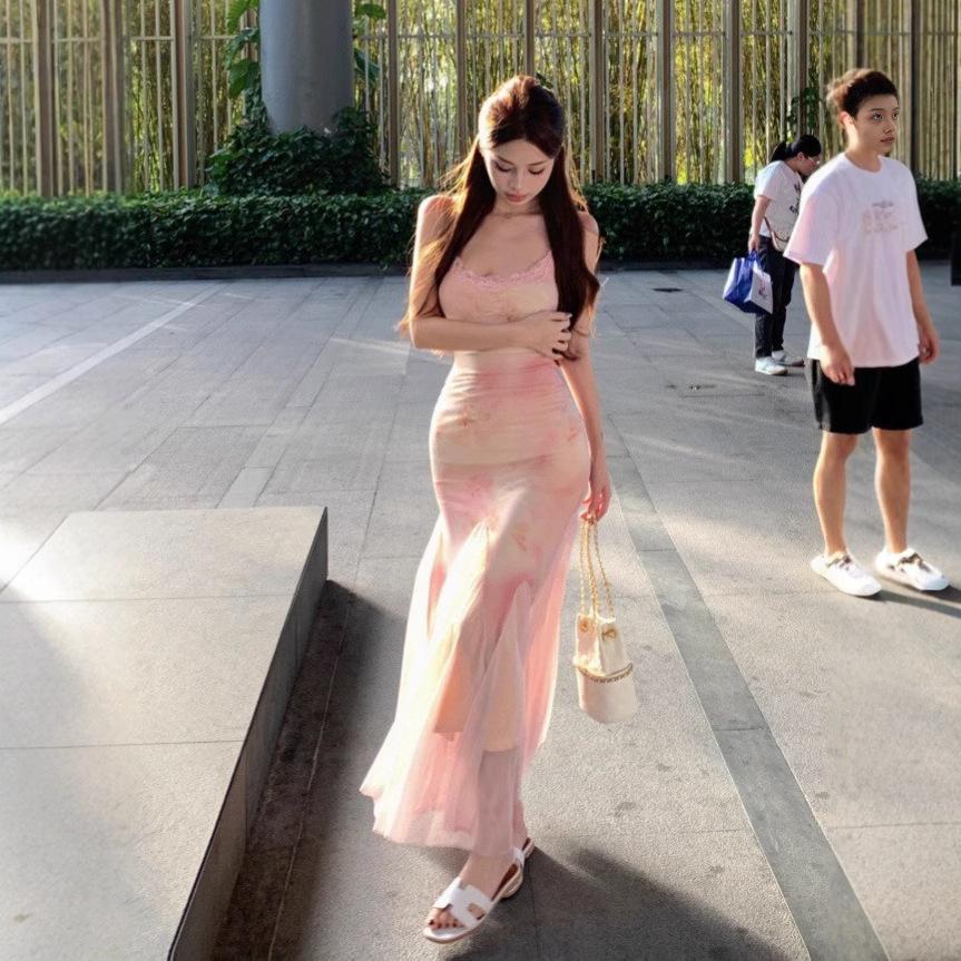 Pure desire wind floral mesh suspender dress women's summer temperament waist seaside vacation hip fish tail long skirt