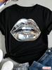 Metallic Silver Lips Print Unisex Unisex T Shirt Casual Loose Streetwear Daily Wear Durable All Seasons Leisure Top Unisexs Tshirt