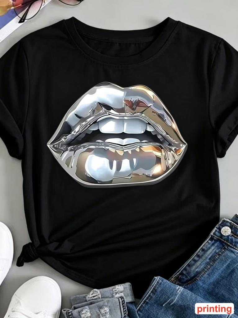 Metallic Silver Lips Print Unisex Unisex T Shirt Casual Loose Streetwear Daily Wear Durable All Seasons Leisure Top Unisexs Tshirt