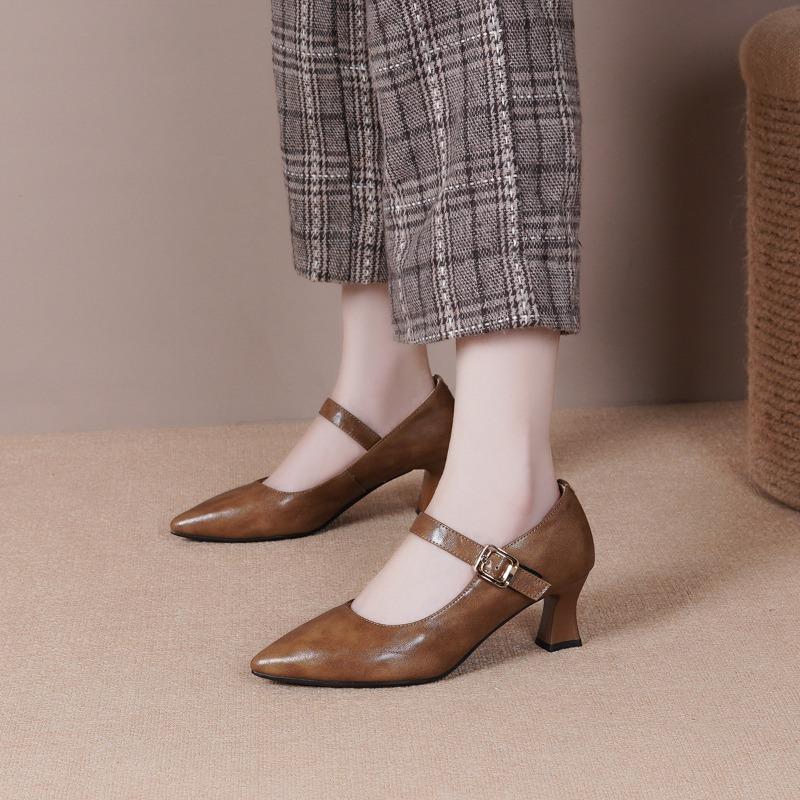 

Новая весенне-осенняя мода, неглубокие одинарные туфли, женские туфли Мэри Джейн из мягкой кожи, остроносые кожаные туфли, толстый каблук, высокие каблуки 40 коричневый