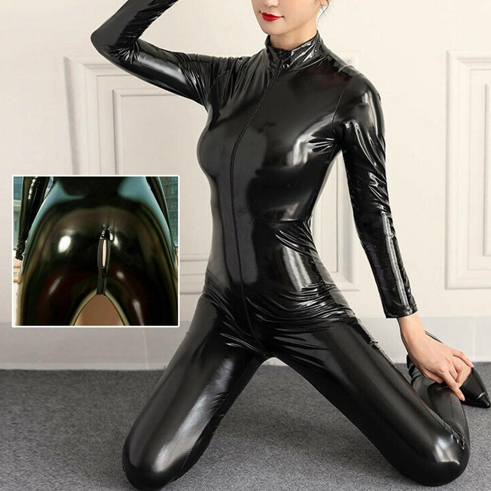 Černé Sexy Prádlo PVC Kombinéza s Otevřeným Rozkrokem pro Klubové Oblečení Kostým