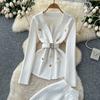 Herbst Winter Damen Vintage Designer Strickpullover Hose Zweiteiliges Set Blazerkragen Jacke Mantel und Weitbeinige Hose Trainingsanzug