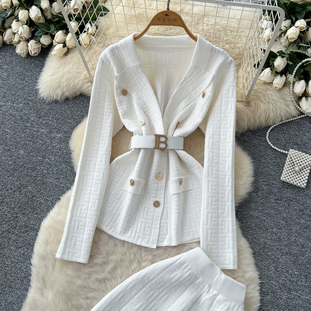 Herbst Winter Damen Vintage Designer Strickpullover Hose Zweiteiliges Set Blazerkragen Jacke Mantel und Weitbeinige Hose Trainingsanzug