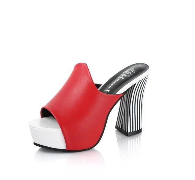 Summer Sexy Women Elegant Red High Heel Sandals Peep Toe Platform Shoes Zebra Chunky Heel Shoes Lady Thick Heel Fashion 34-40