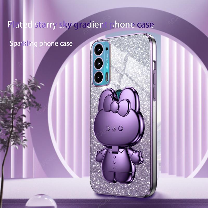 Cute 3D Rabbit Makeup Mirror Stand Plating Case For Motorola Moto Edge 20 30 G9 G8 Power Play Plus Protect Back Cover On Edge20