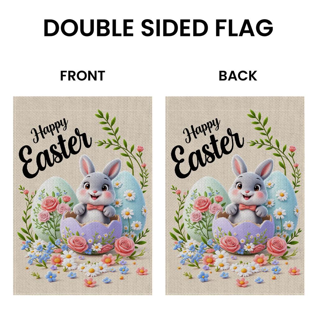 Happy Easter Garden Flag Cute Bunny Pattern Easter Egg Yard Flag Floral Decoration 3D Outdoor Garden Banner for Easter Celebrat