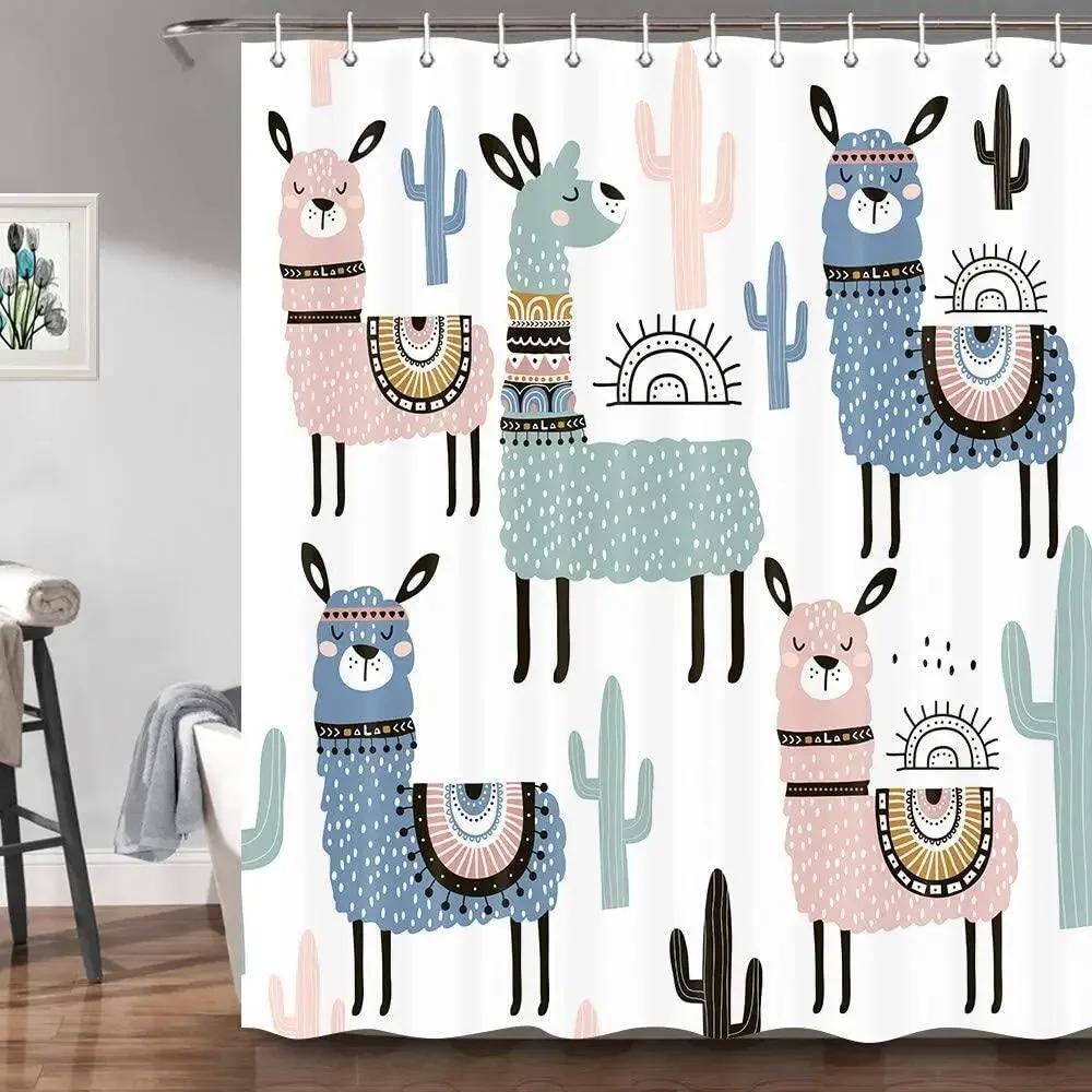 

Cute Lama Alpaca Shower Curtains For Bathroom Funny Kids Cartoon Animals Colorful Llama Cactus Fabric Decor Bath Curtain Hooks W60H190(CM)-1 Pcs