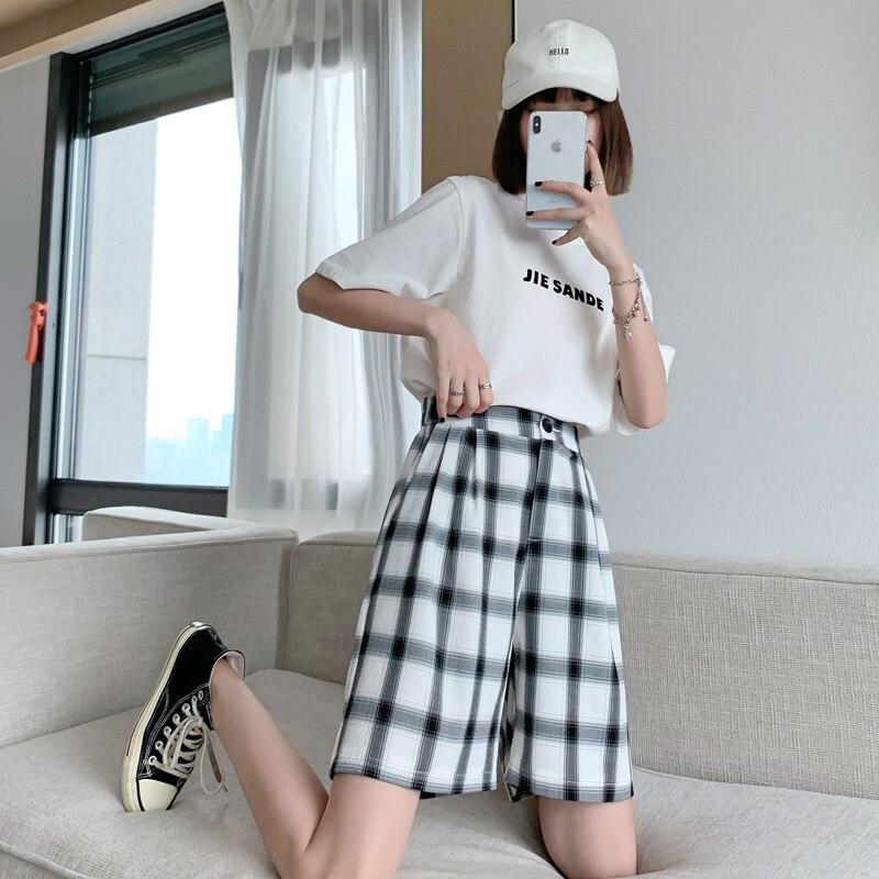 FGHJ New Spring Summer Plaid Wide Leg Shorts for Women 2021 Casual Chic High Waist Loose High Street Style Female Suits Shorts New