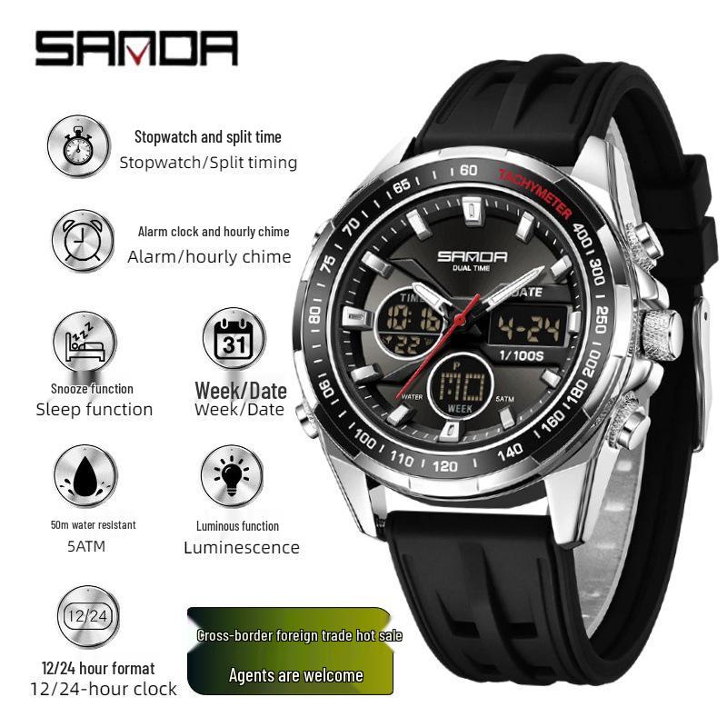 Sanda Men s Triple Time Large Dial Round Face Fashion Watch with Countdown & Alarm.